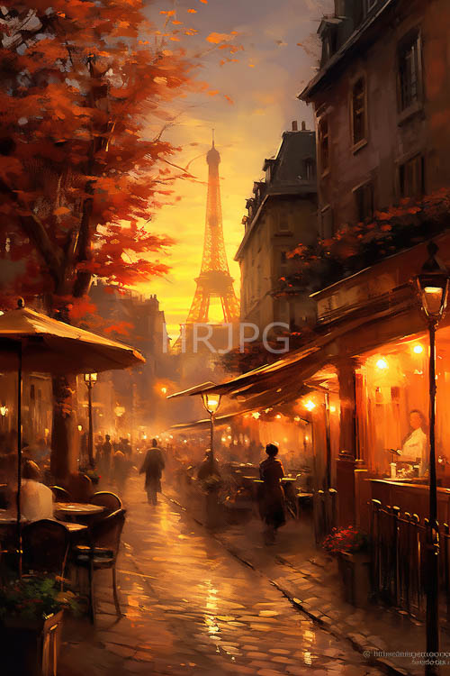High Resolution: Parisian Evening Fades into Autumn Foliage on Wet Cobblestone Streets Under Street Lamps download. | HRJPG.com