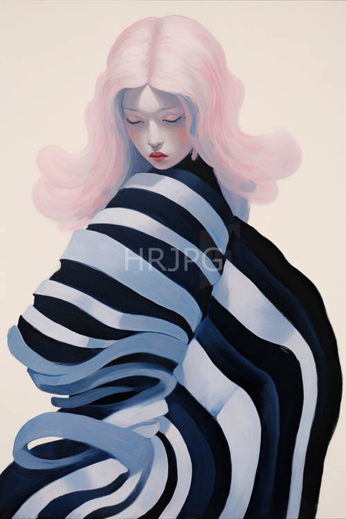 pale pink hair flows across abstract beige background pattern swirls