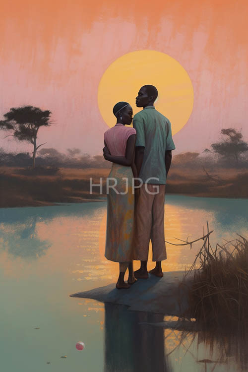 african couples bask in serene lake shore vistas bathed in fading golden hues