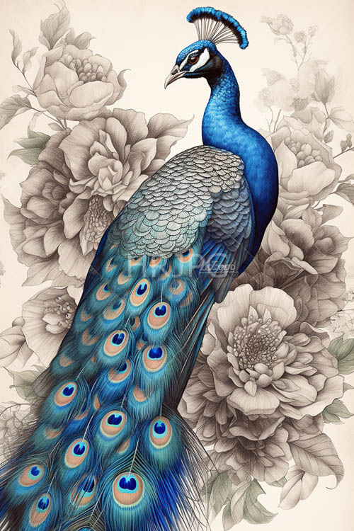 High Resolution: Blue peacock feathers rest beside gray floral illustrations on beige download. | HRJPG.com