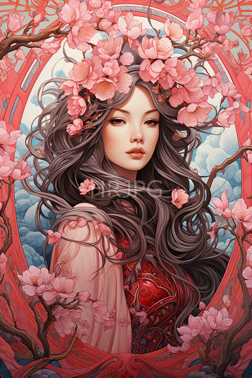 woven cherry blossoms adorn elegant asian warrior in ornate circular border