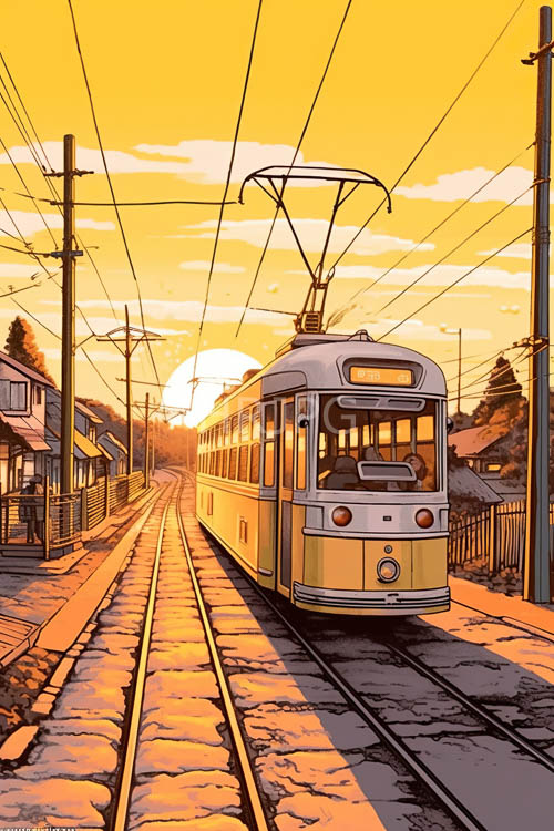 yellow trams glide along railway tracks in small towns