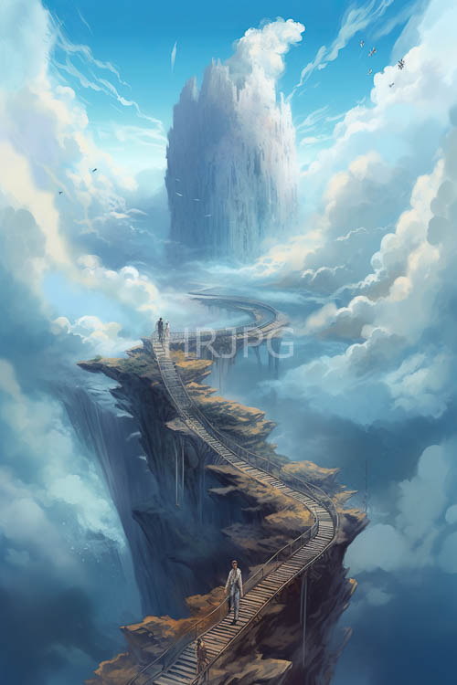 floating mountain dominates horizon amidst scattered clouds and winding stone path