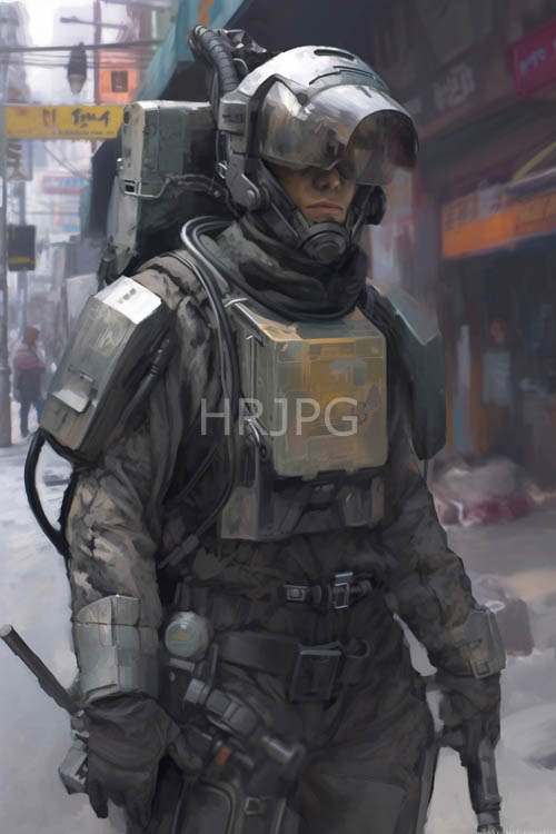 cybernetic body armor suits stand guard in neon maze cities