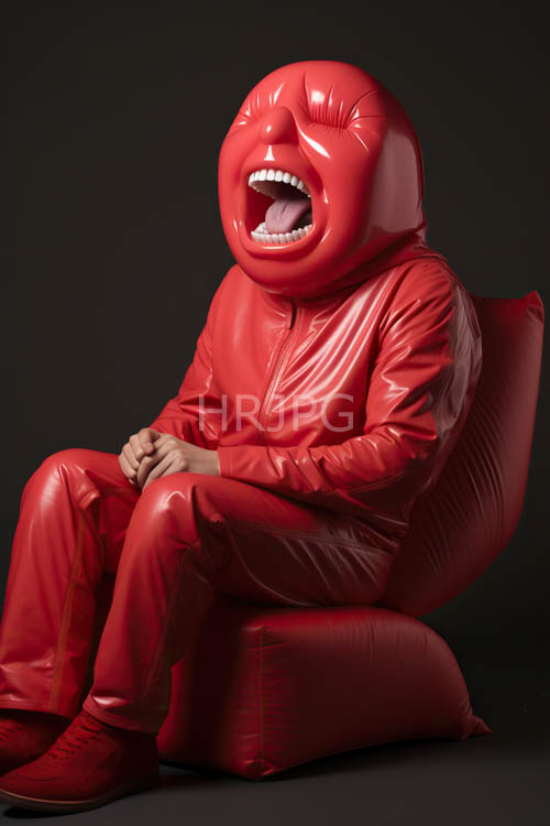 latex skintight suit merges with inflatable chair in deep crimson background