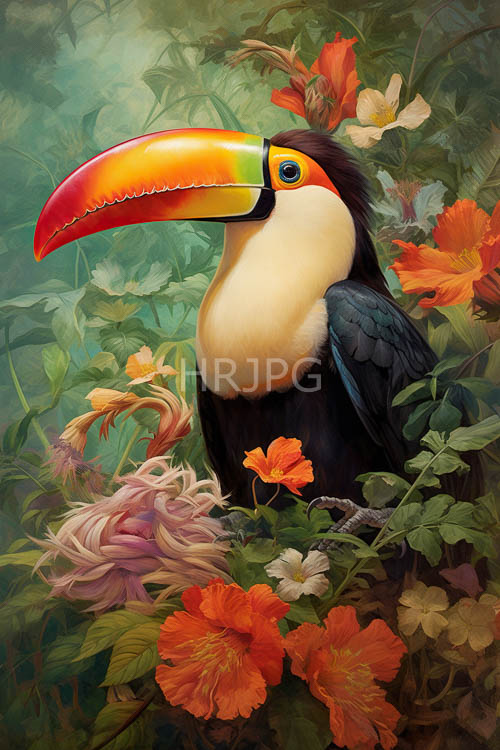 High Resolution: Exotic Toucan Amidst Lush Foliage and Misty Rainforest Canopy download. | HRJPG.com