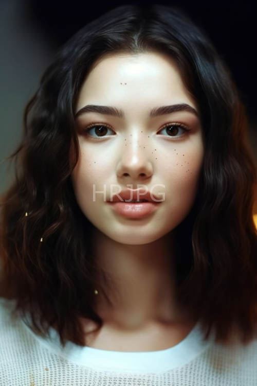 striking of an attractive young woman with wavy dark hair framing her face amidst a minimalist setting