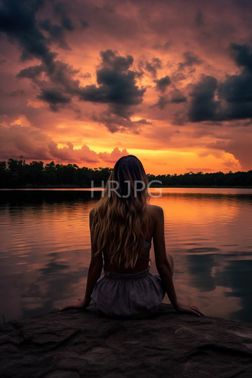 serene sunset on sandy shore with wavy blonde woman and drifting clouds