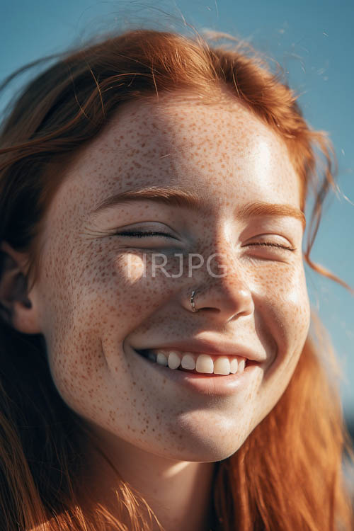 redhaired woman smiles against clear blue summer skies with closed eyes freckles and nose piercing
