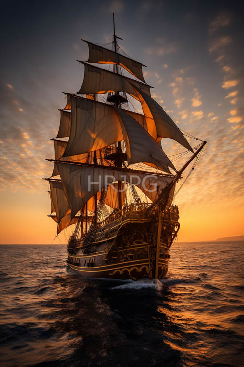 High Resolution: Sailing ships cross open ocean waters during golden sunsets download. | HRJPG.com