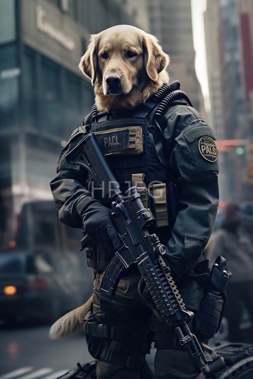 tactical dogs wear matte black gear in city street environments