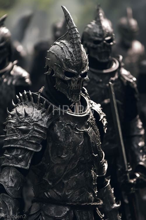 medievalstyle warriors clad in dark metal armor with menacing shoulder spikes in dimly lit deeply shadowed environment