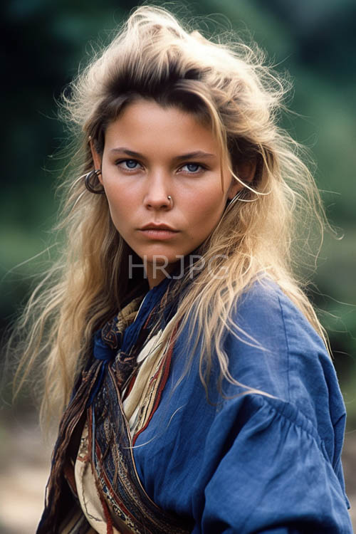 caucasian woman in bohemian attire with hoop earrings and royalblue shirt on a blurred green background