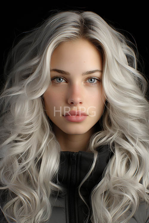 winter of a young woman in dark grey puffy jacket on solid black background