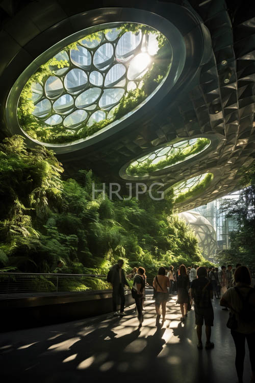 circular ceiling skylights cascade light down indoor botanical garden walls