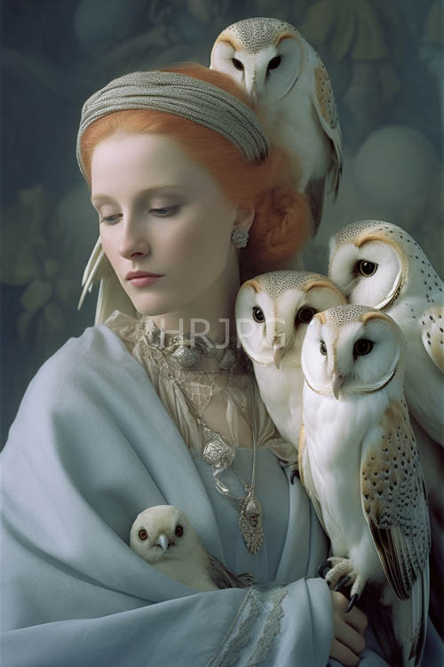 victorian gothic fashion embodied by paleskinned redhaired woman amidst majestic barn owls