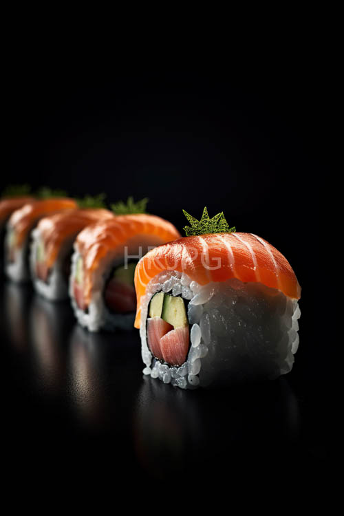 meticulously crafted sushi rolls showcase vibrant orange salmon skin toppings against deep black background