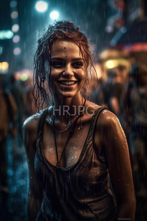 midnight rainfall confluences with cityscape and smiling young woman