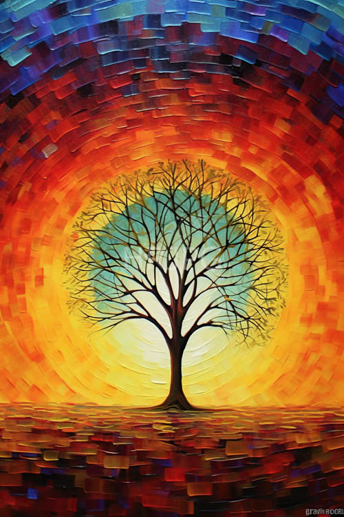 solitary tree silhouette against concentric circular gradients of fiery crimson and cerulean
