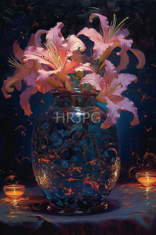 cobalt glass vases hold pink lilies on polished wood tables