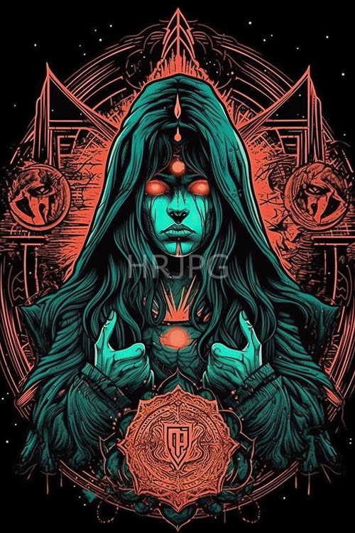 emerging tealskinned mystic reveals glowing orange eyes amidst reddishorange geometric patterns on stark black backdrop