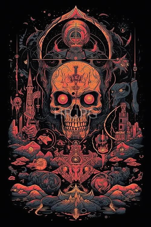 skull composition with orange eyes and cosmic clouds in deep crimson and electric blue