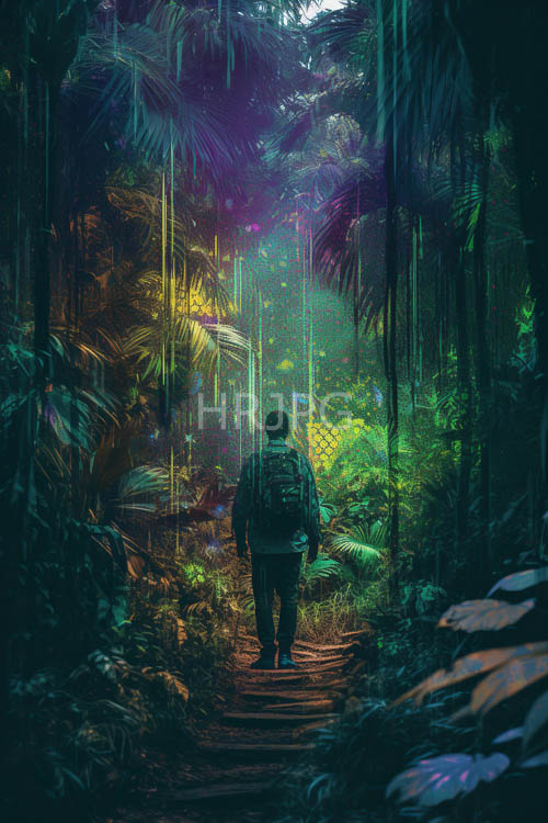 darkskinned traveler embarks on a solitary jungle expedition amidst majestic palm leaves