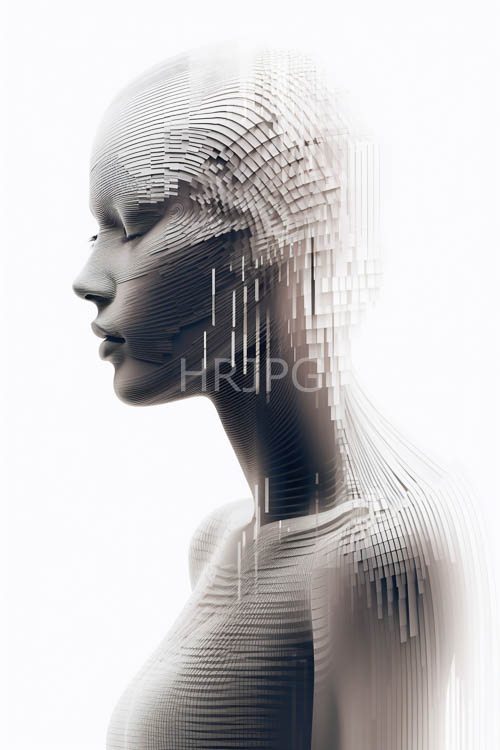 High Resolution: Grayscale Female Profile Meets Geometric Complexity in a Stark White Environment download. | HRJPG.com