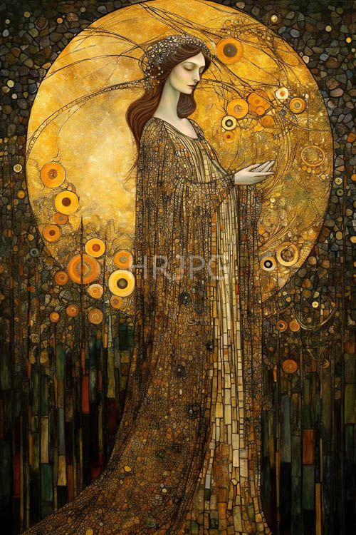 serene woman in profile against ornate gilded circular halo in opulent setting