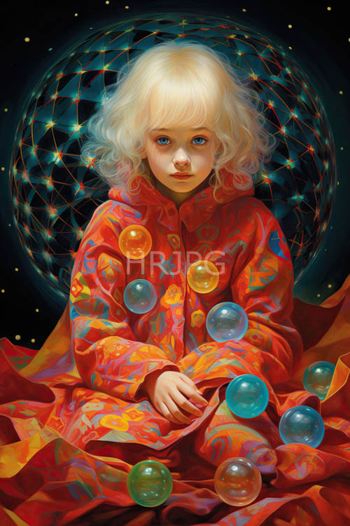 floating curly blonde girl amidst translucent bubbles and glowing starlike dots