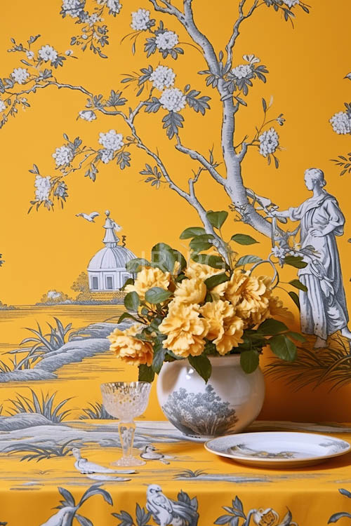 classic tableware rests on tables adorned with japanese floral motifs