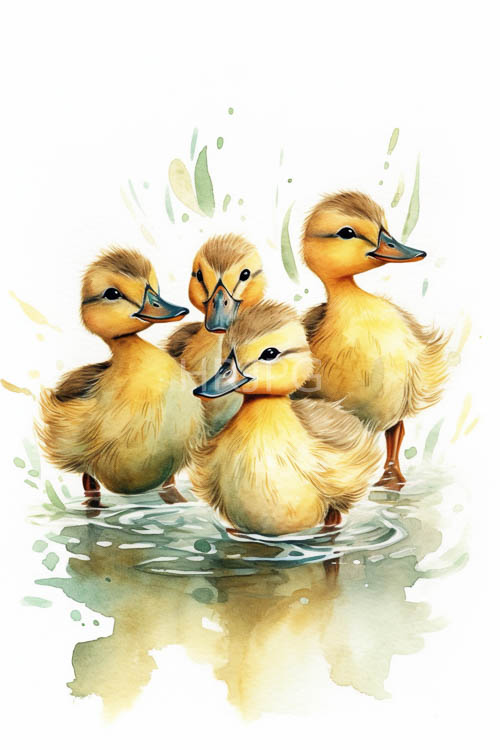 fluffy yellow ducklings navigate shallow wetland shores amidst emerald green reflections