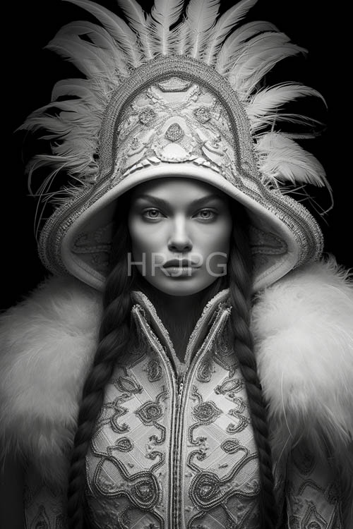 monochrome of androgynous figure in ornate native americaninspired apparel