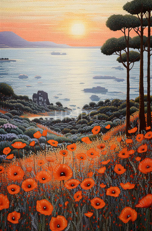 coastal landscape framed by towering green trees and rocky islands at sunset