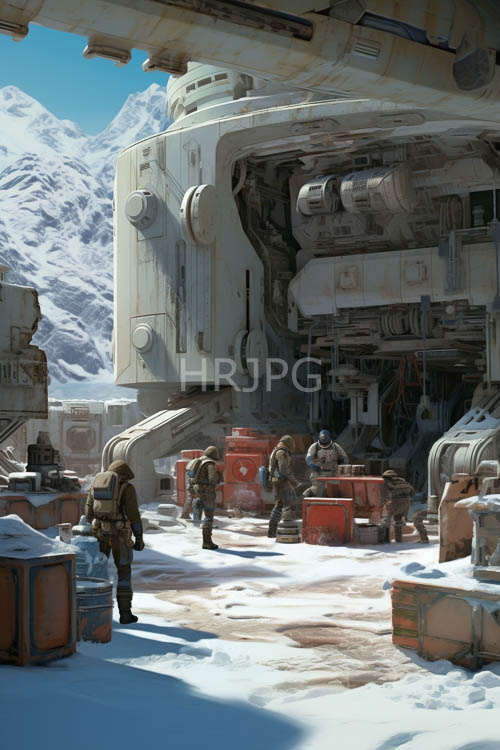 snow covered mountain checkpoints shelter futuristic heavy armor guards