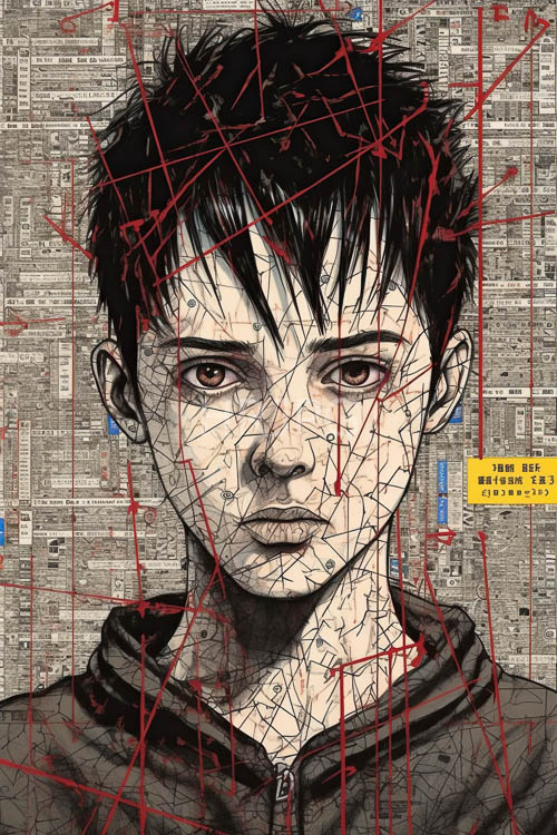 darkness rips across faded newspaper background of young mans serious face
