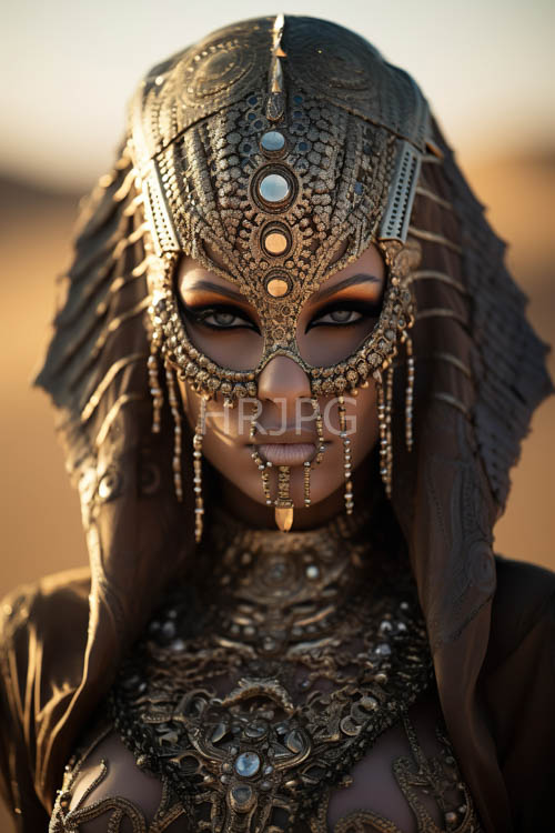 african womans ornate finery set against opulent ornamentation and intricate headpiece