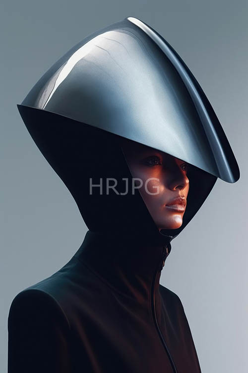 High Resolution: Androgynous Figure in Futuristic Black Hooded Garment with Metallic Silver Contours download. | HRJPG.com
