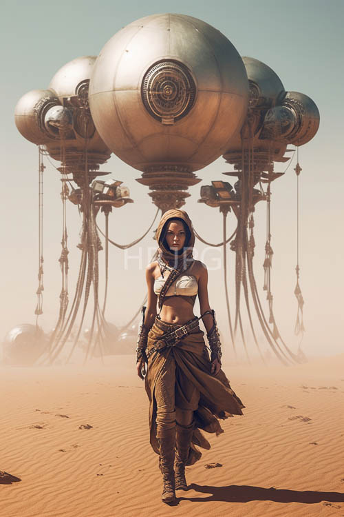 afrofuturist desert landscape with athletic figure and metallic jellyfish horizon