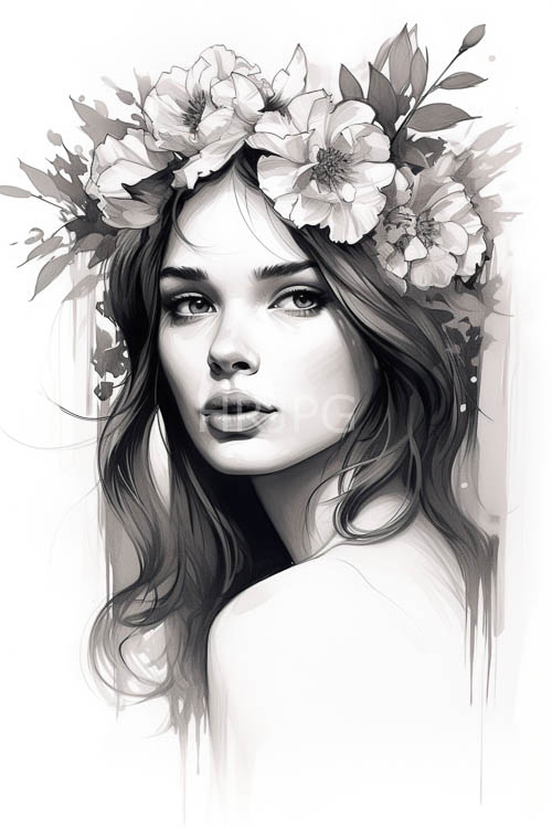 large blooming flowers surround young women sitting in quiet focus
