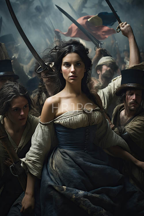 moody battle with european woman amidst swirling smoky background and conflicting forces