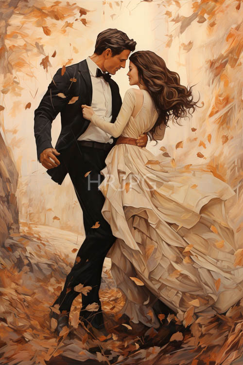 autumnal ballroom waltz swirls through enchanted forest canopy with gentle couple