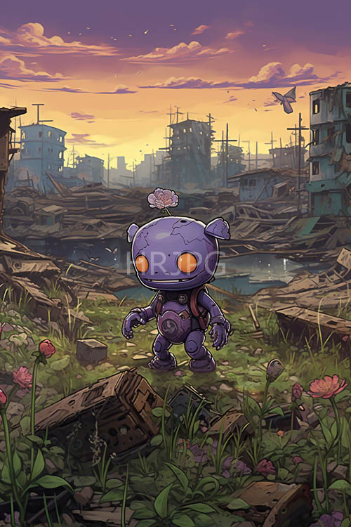 purple robot amidst ruins amidst fading sunset with emerald grass and pink blossoms