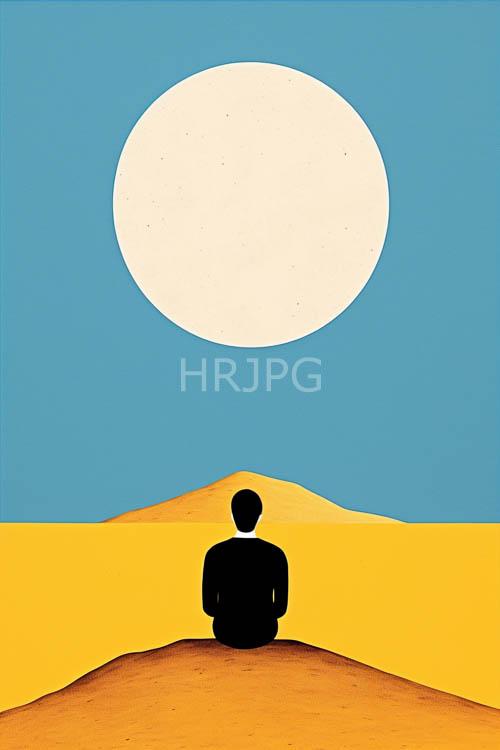 High Resolution: Solitary Black Silhouette Amidst Undulating Dunes Under Colossal White Sun download. | HRJPG.com