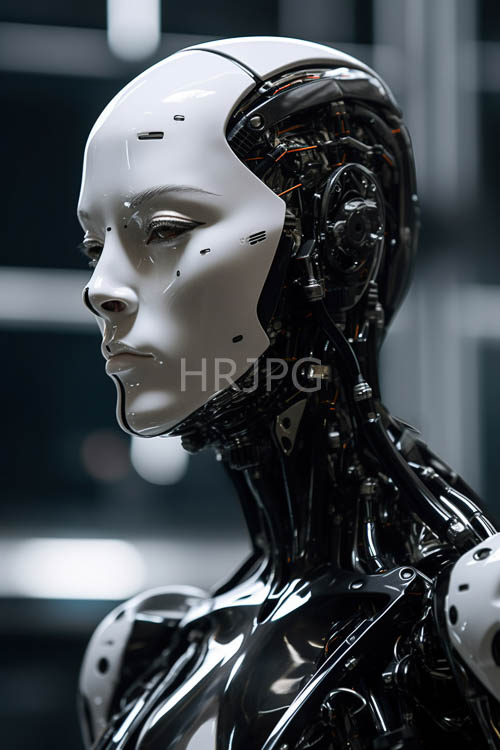 androgynous robotic humanoids stand against dark industrial machinery setups