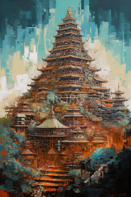 temple spires ascend amidst swirling bluegreen skies with intricately detailed masonry and lush greenery