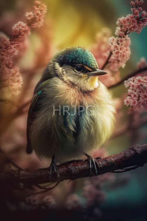 songbird perched on delicate pink blossoms amidst lush greenery and glowing bokeh