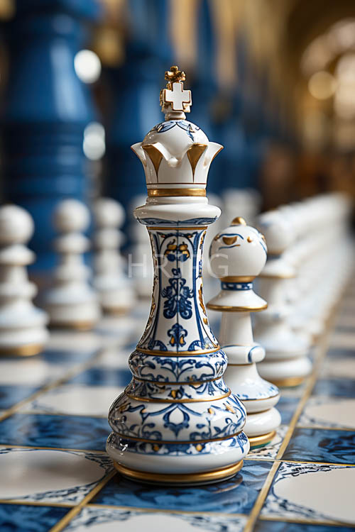 cobalt floral patterns cover white porcelain chess pieces with gold