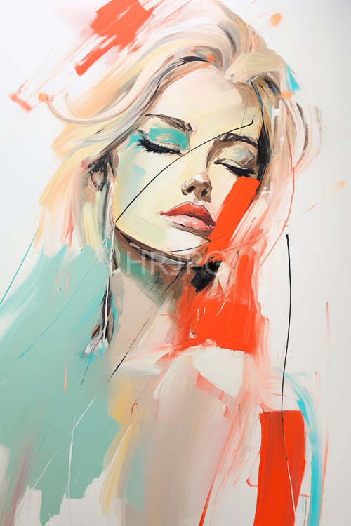 blonde woman lost in tranquil contemplation amidst energetic textured sweeps