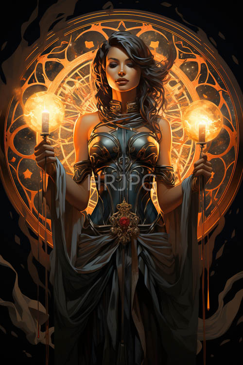 darkhaired sorceress in contemplation amidst ancient mysticism and arcane power